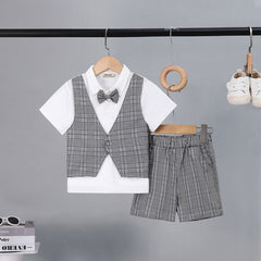 Boys Black Check Waist Coat With Polo T-Shirt And Shorts Set