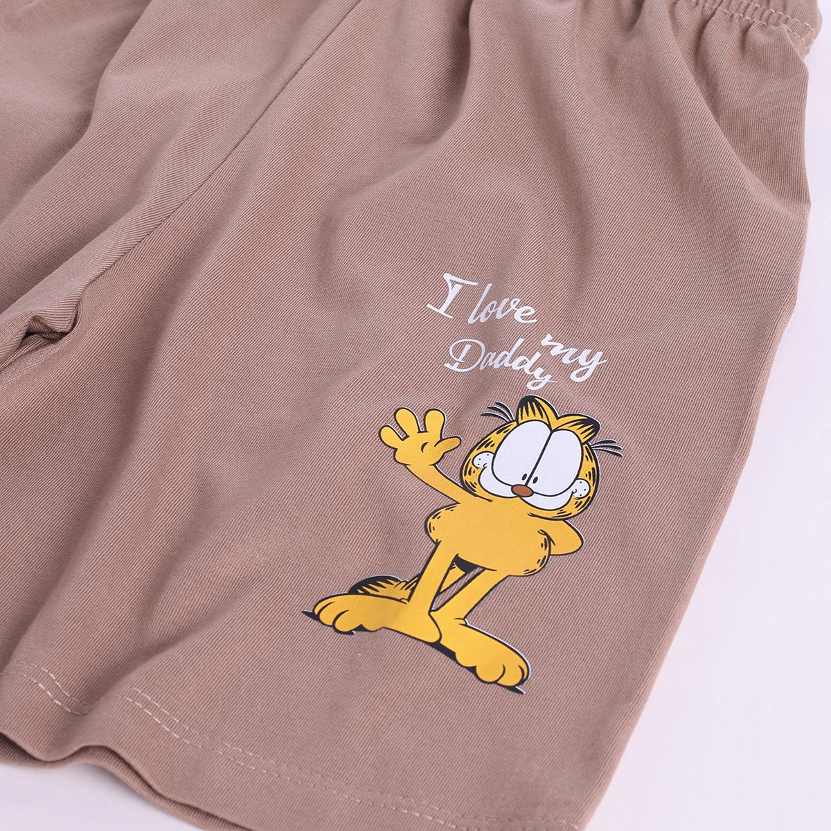 Boys Beige Cartoon Graphic Stripes T-Shirt With Elasticated Shorts Sets