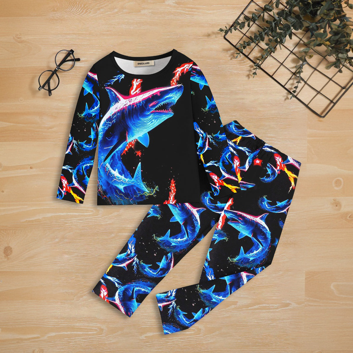 Boys Black Shark Printed Glow in the Dark T-Shirt & Pajama Winter Co-ord Set
