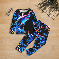 Boys Black Shark Printed Glow in the Dark T-Shirt & Pajama Winter Co-ord Set