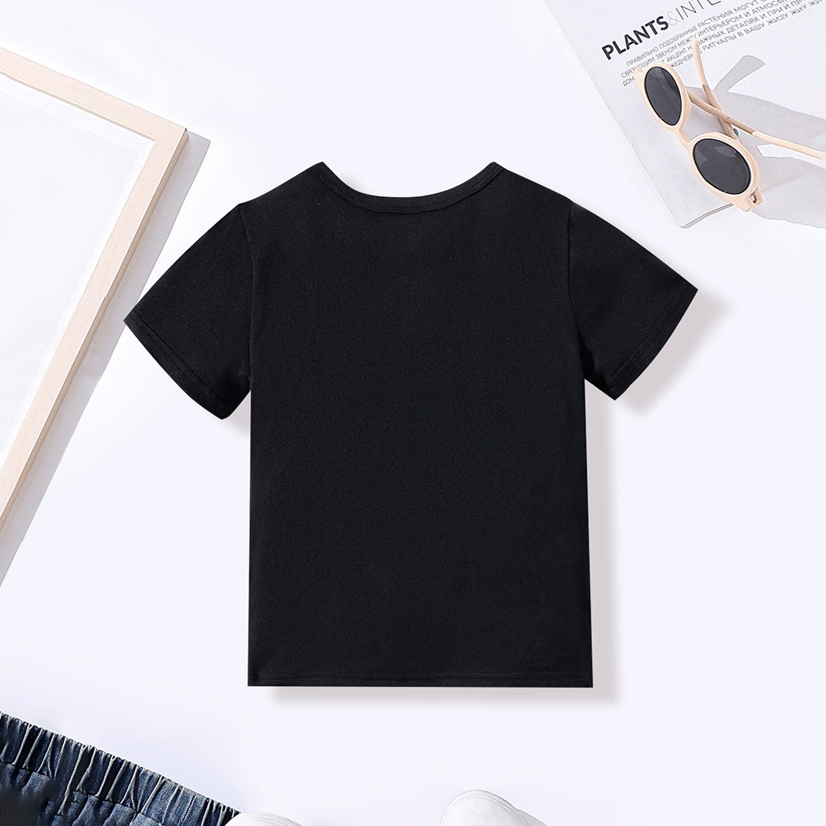 Boys Black Graphic Short Sleeves Round Neck T-Shirt