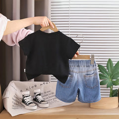 Boys Black Gaming Console Print T-Shirt With Denim Shorts Set