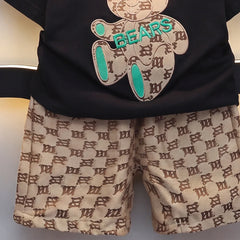 Boys Black Short Sleeve Bear Applique T-Shirt With Shorts Sets