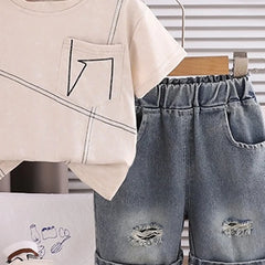 Boys Beige Graphic Printed Short Sleeve T-Shirt With Distressed Denim Shorts Sets