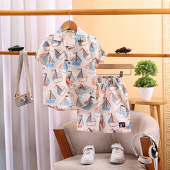 Boys Blue Boat Graphics Short Sleeve Shirt With Elasticated Shorts Sets