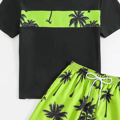 Boys Black Tropical Printed Short Sleeves T-Shirt & Shorts Swimsuit Sets