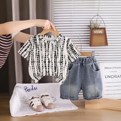Boys Beige Abstract Printed Short Sleeve T-Shirt With Denim Shorts Sets
