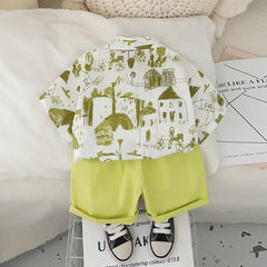 Boys Abstract Printed Short Sleeves Shirt With Green Shorts Set