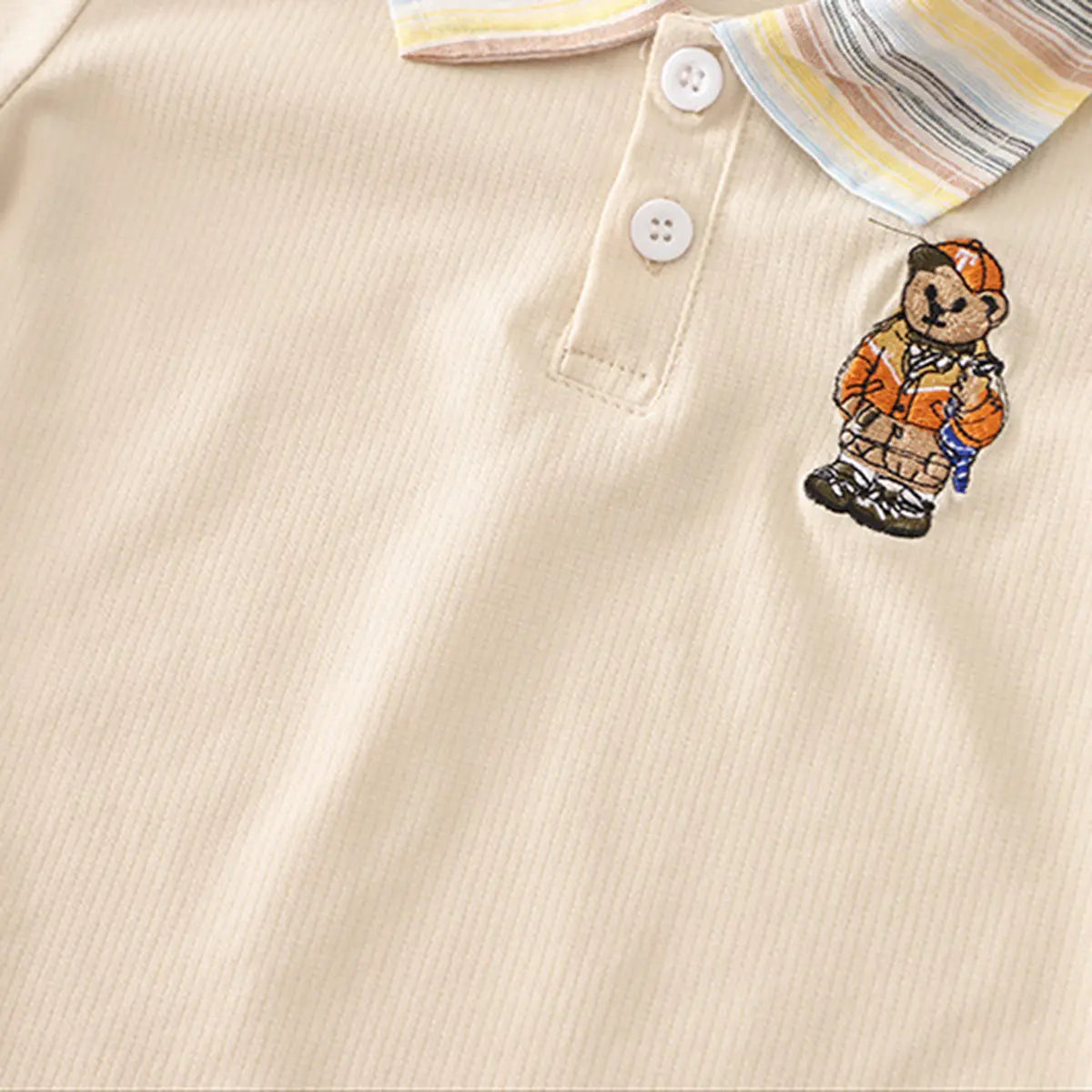 Boys Beige Bear Graphic Polo T-Shirt With Denim Shorts Sets