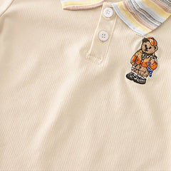 Boys Beige Bear Graphic Polo T-Shirt With Denim Shorts Sets