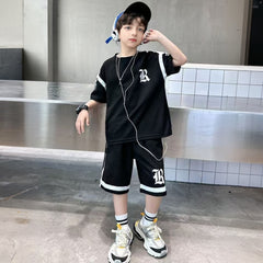 Boys Black Typographic Printed Short Sleeve T-Shirt With Shorts Sets