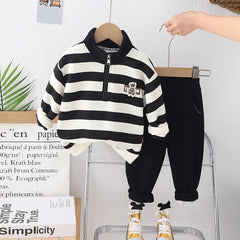 Boys Black Stripes Hal Zipper Sweatshirt With Jogger Sets