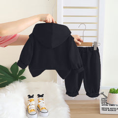 Boys Black Typographic Printed Hooded Sweatshirt With Sleeveless Jacket & Joggers Set