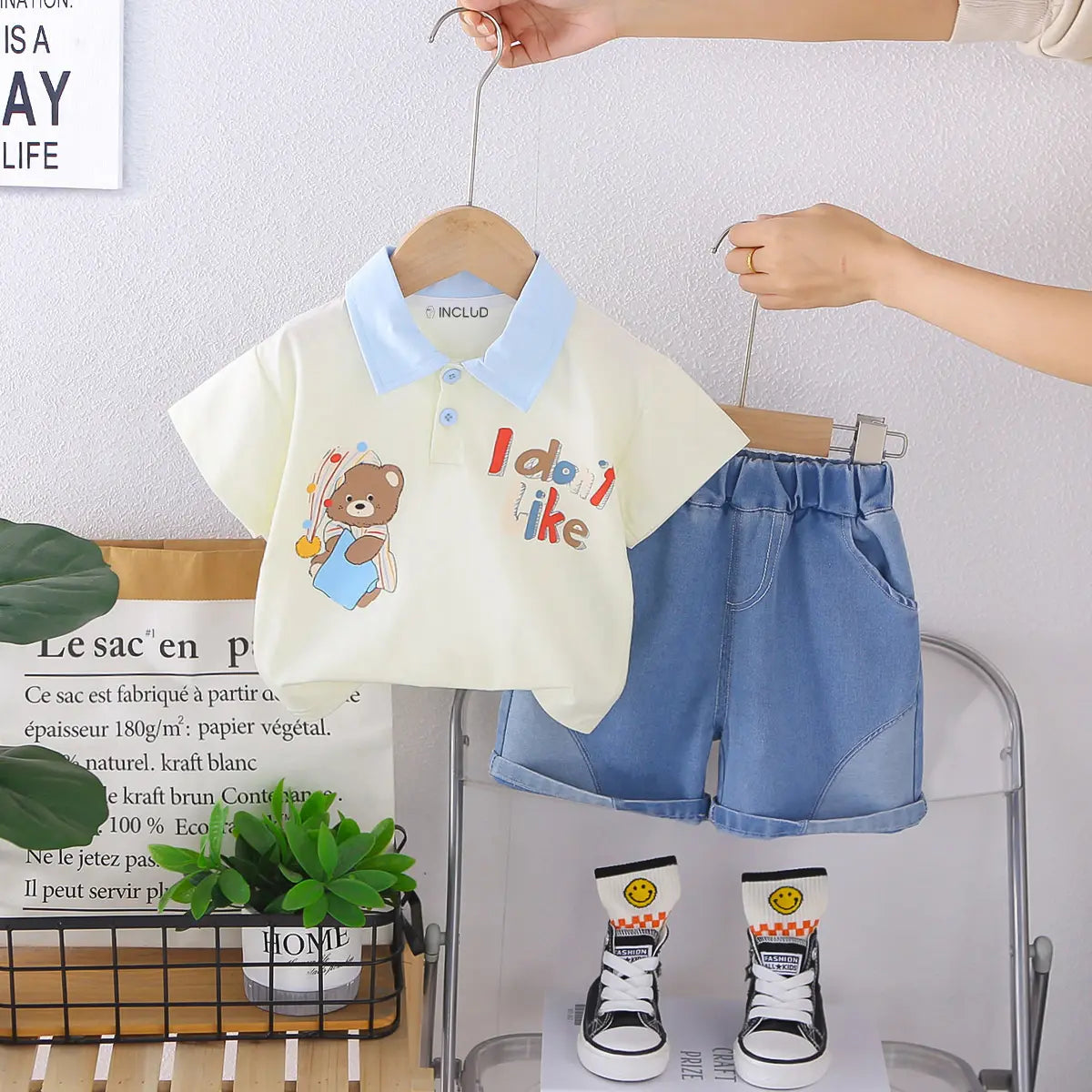 Boys Beige Bear Print Polo T-Shirt With Denim Shorts Sets