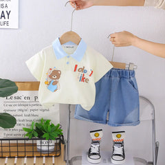 Boys Beige Bear Print Polo T-Shirt With Denim Shorts Sets