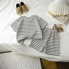 Boys Black Striped Short Sleeve T-Shirt With Shorts Sets