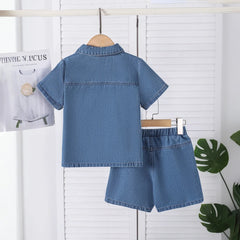 Boys Blue Alphanumeric Print Short Sleeve Denim Shirt With Shorts Sets