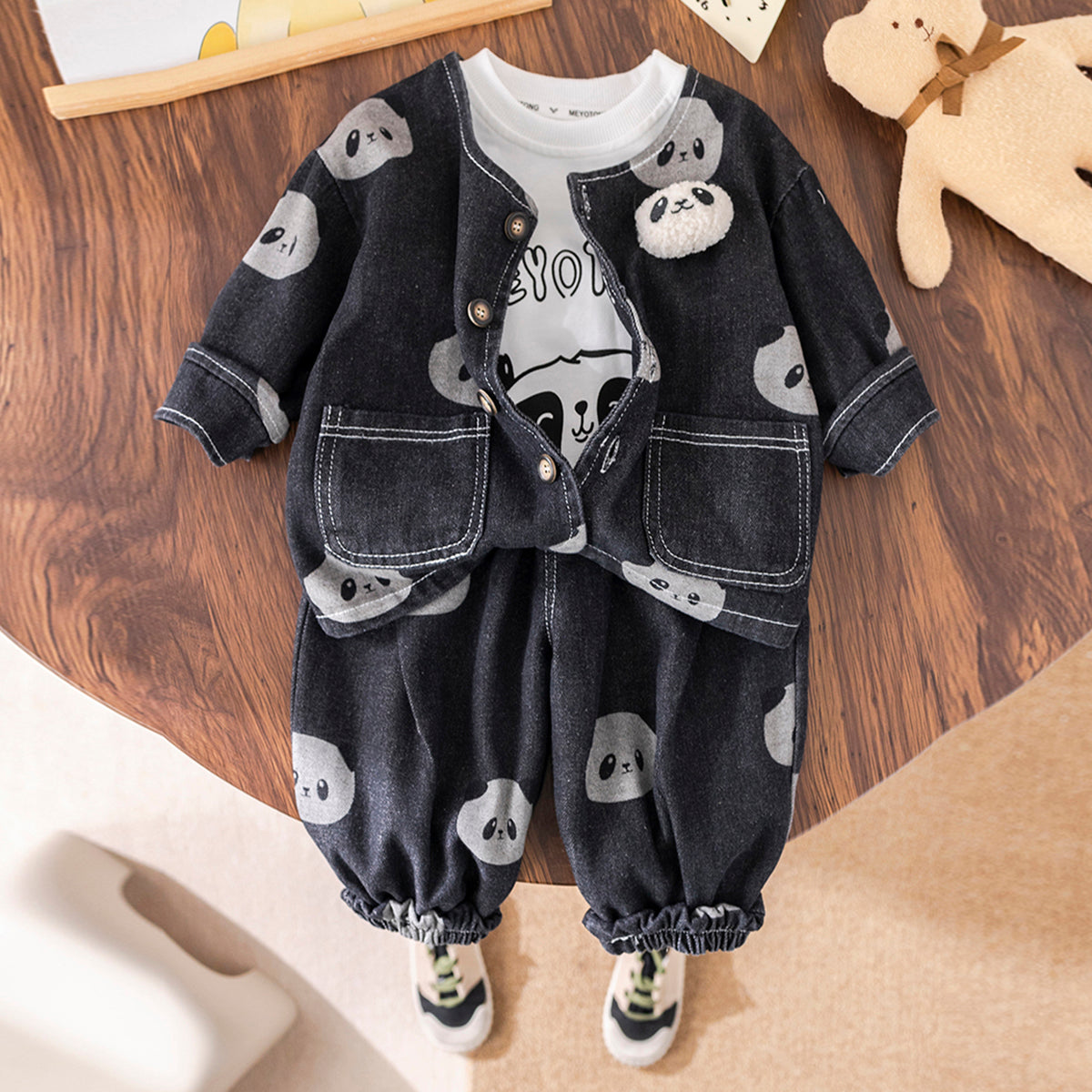 Boys Black Panda Printed Denim Jacket With T-Shirt & Joggers Set