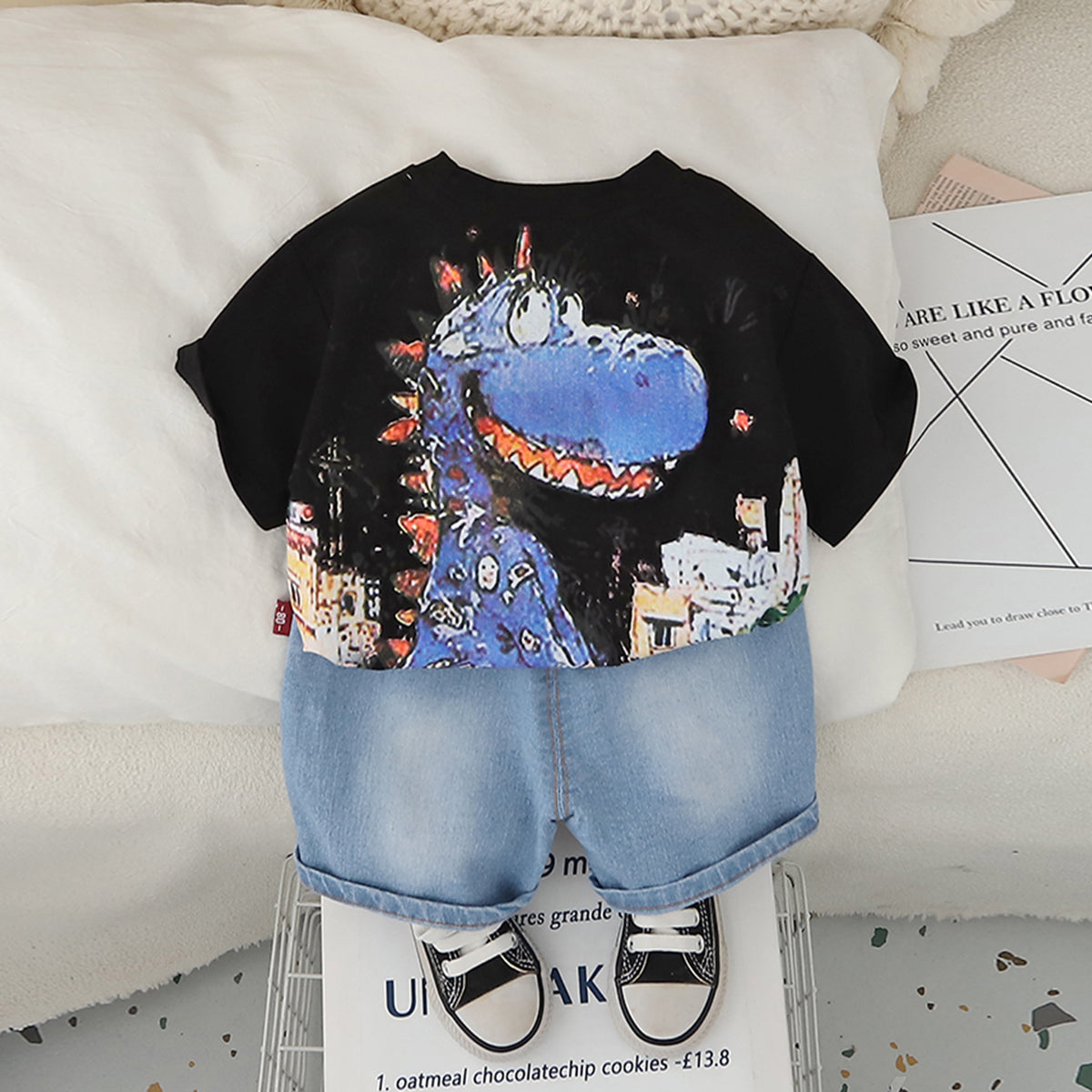 Boys Black Dinosaur Graphic T-Shirt With Denim Shorts Set