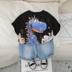 Boys Black Dinosaur Graphic T-Shirt With Denim Shorts Set