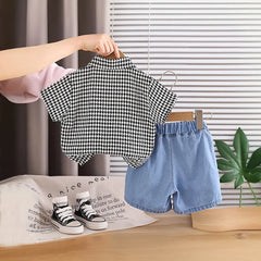 Boys Black Checked Button-Down Shirt With Denim Shorts Set