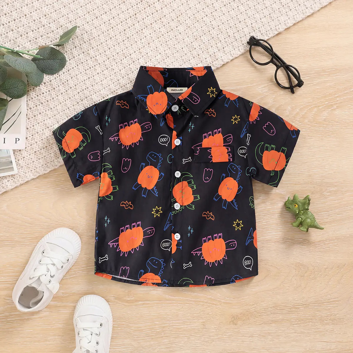 Boys Black Pumpkin Cartoon Printed Short Sleeves Shirt