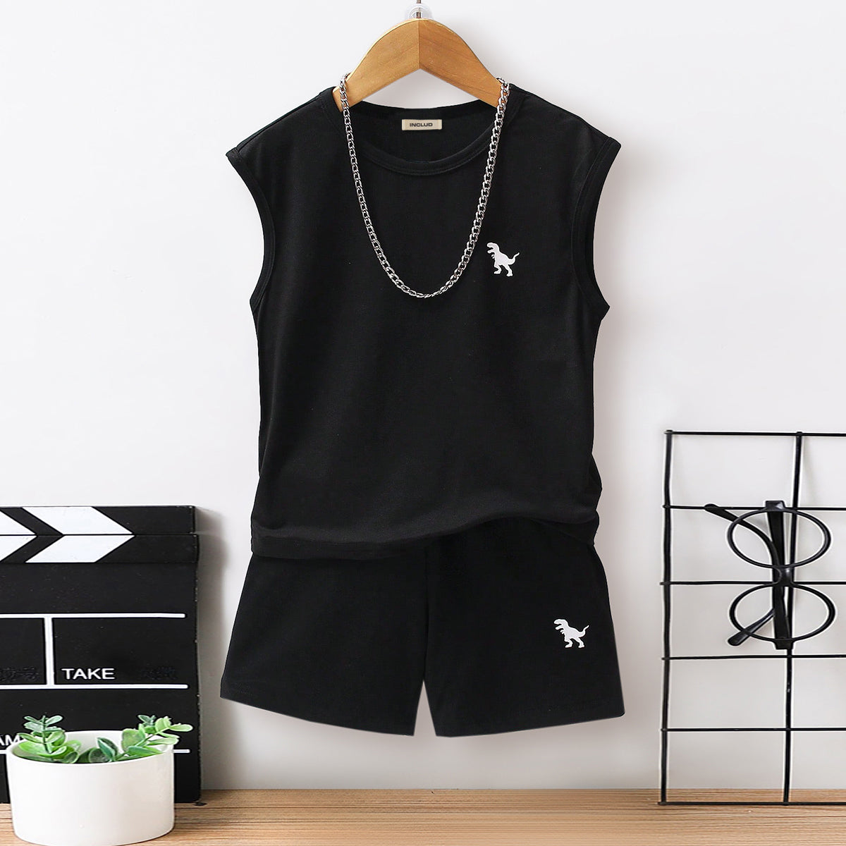 Boys Black Dinosaur Printed Sleeveless T-Shirt With Shorts Set