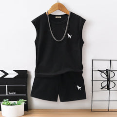 Boys Black Dinosaur Printed Sleeveless T-Shirt With Shorts Set