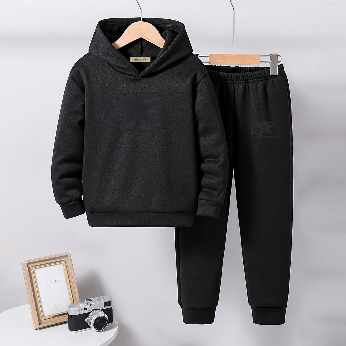 Boys Black Star Printed Hooded Sweatshirt with Joggers Set