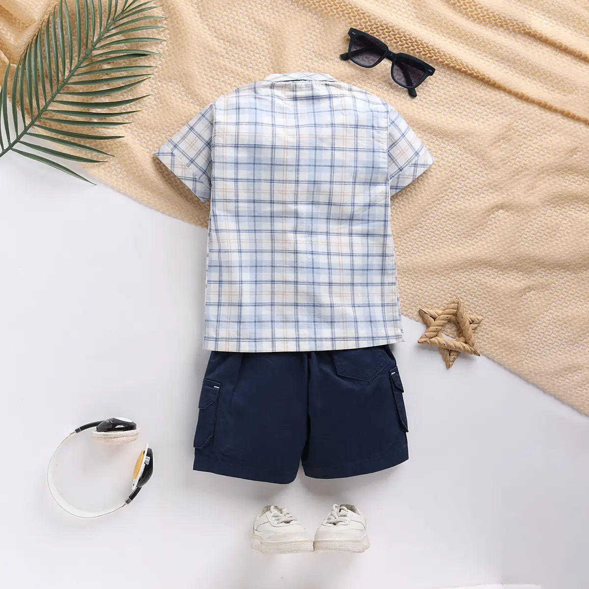 Boys Blue Checked Shirt With Printed T-Shirt And Twill Shorts Sets