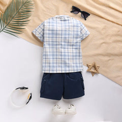 Boys Blue Checked Shirt With Printed T-Shirt And Twill Shorts Sets