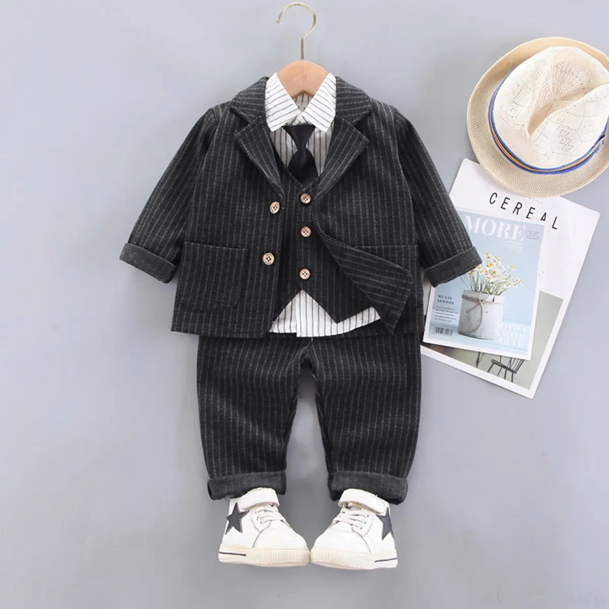 Boys Black Pin Stripes Five-Piece Suit with Vest and Tie Sets