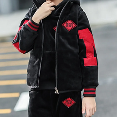 Boys Black Patch Embroidered Hoodie With Sleeveless Jacket & Jogger Sets