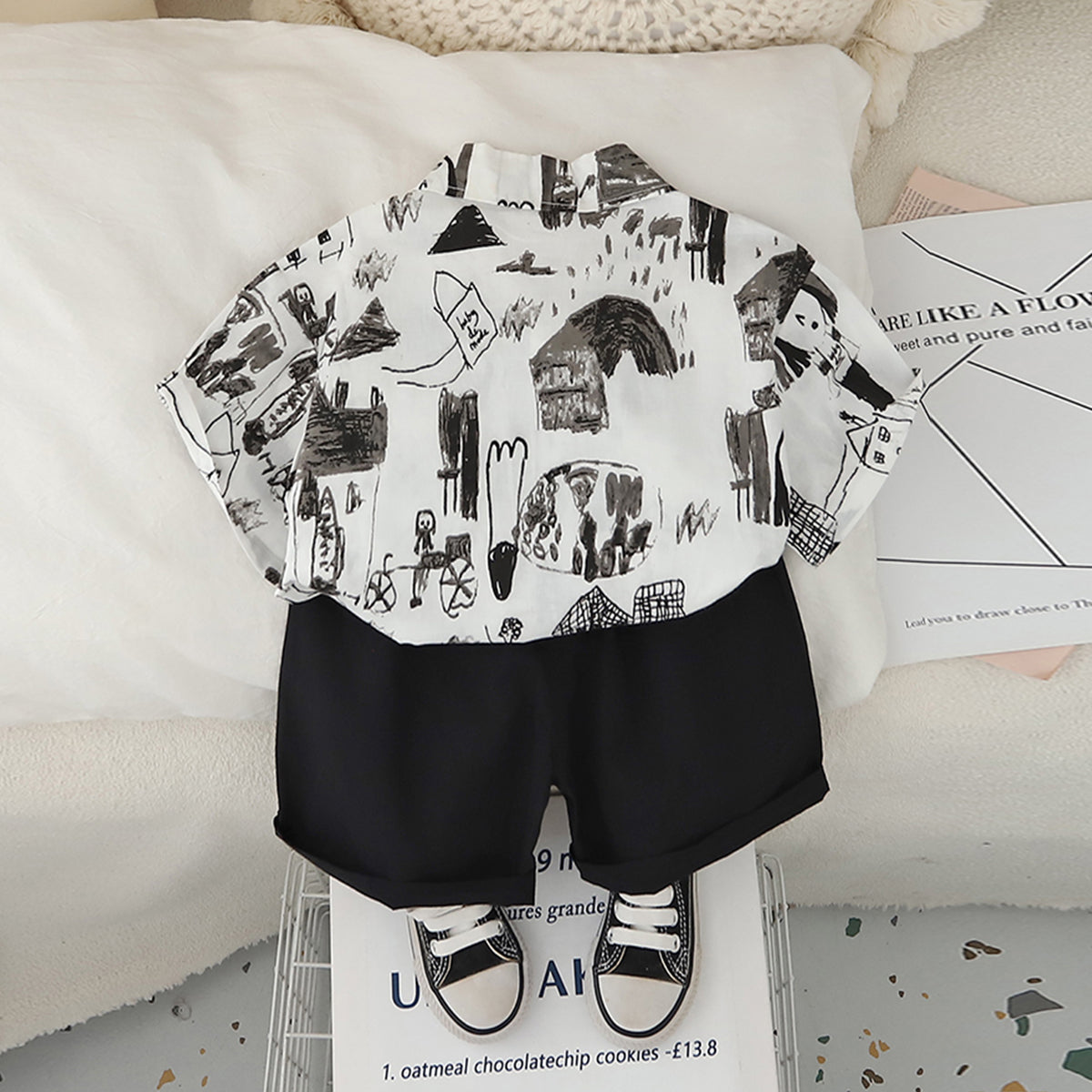 Boys Abstract Printed Short Sleeves Shirt With Black Shorts Set