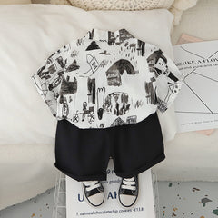Boys Abstract Printed Short Sleeves Shirt With Black Shorts Set