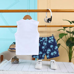 Boys Blue California Printed Vest With Printed Drawstring Shorts Sets