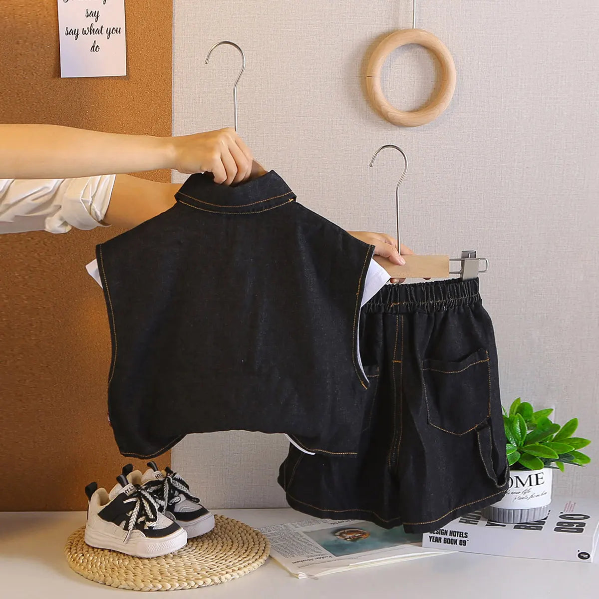 Boys Black Denim Sleeveless Jacket With Printed T-Shirt & Shorts Sets