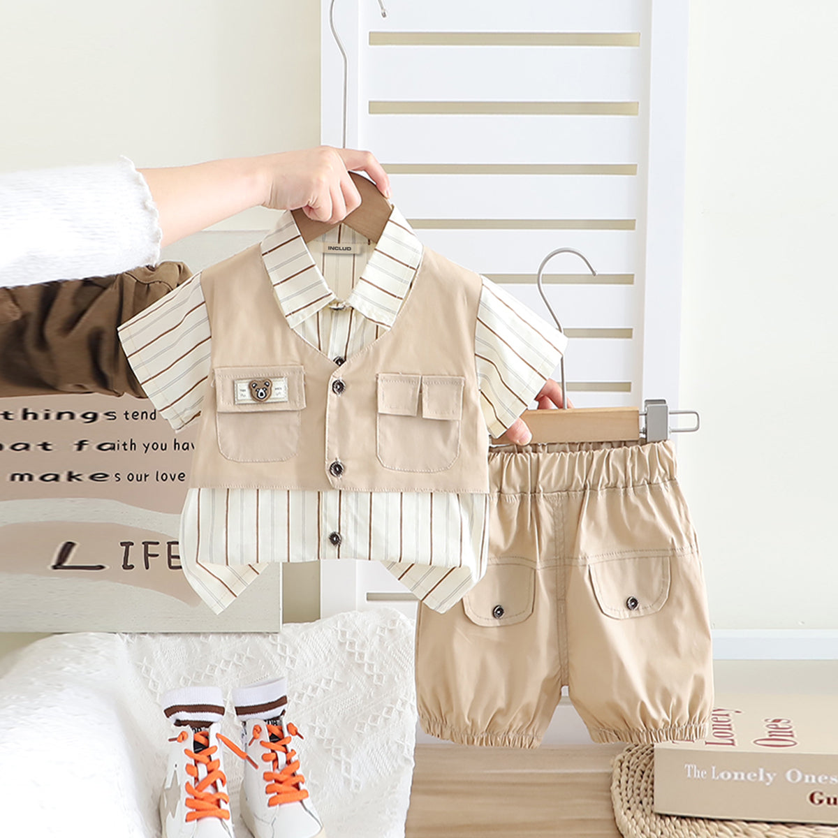 Boys Beige Stripe Short Sleeves Pocket Flap Shirt With Shorts Set