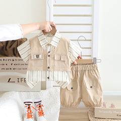 Boys Beige Stripe Short Sleeves Pocket Flap Shirt With Shorts Set