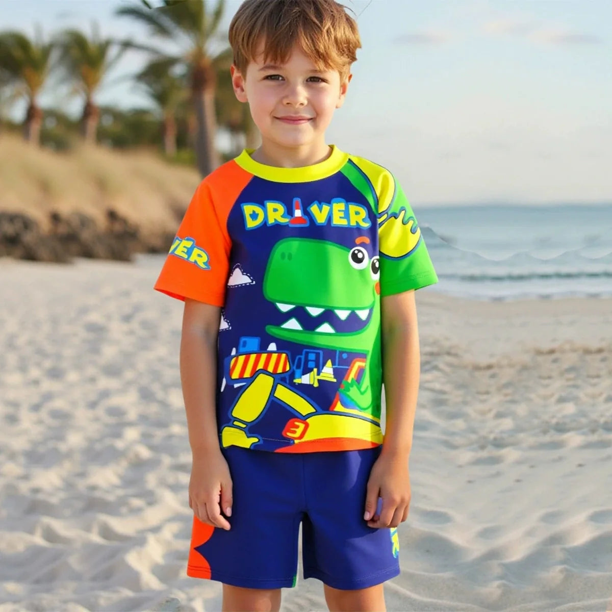 Boys Blue Dinosaur Printed T-Shirt With Shorts & Cap Swimwear Sets