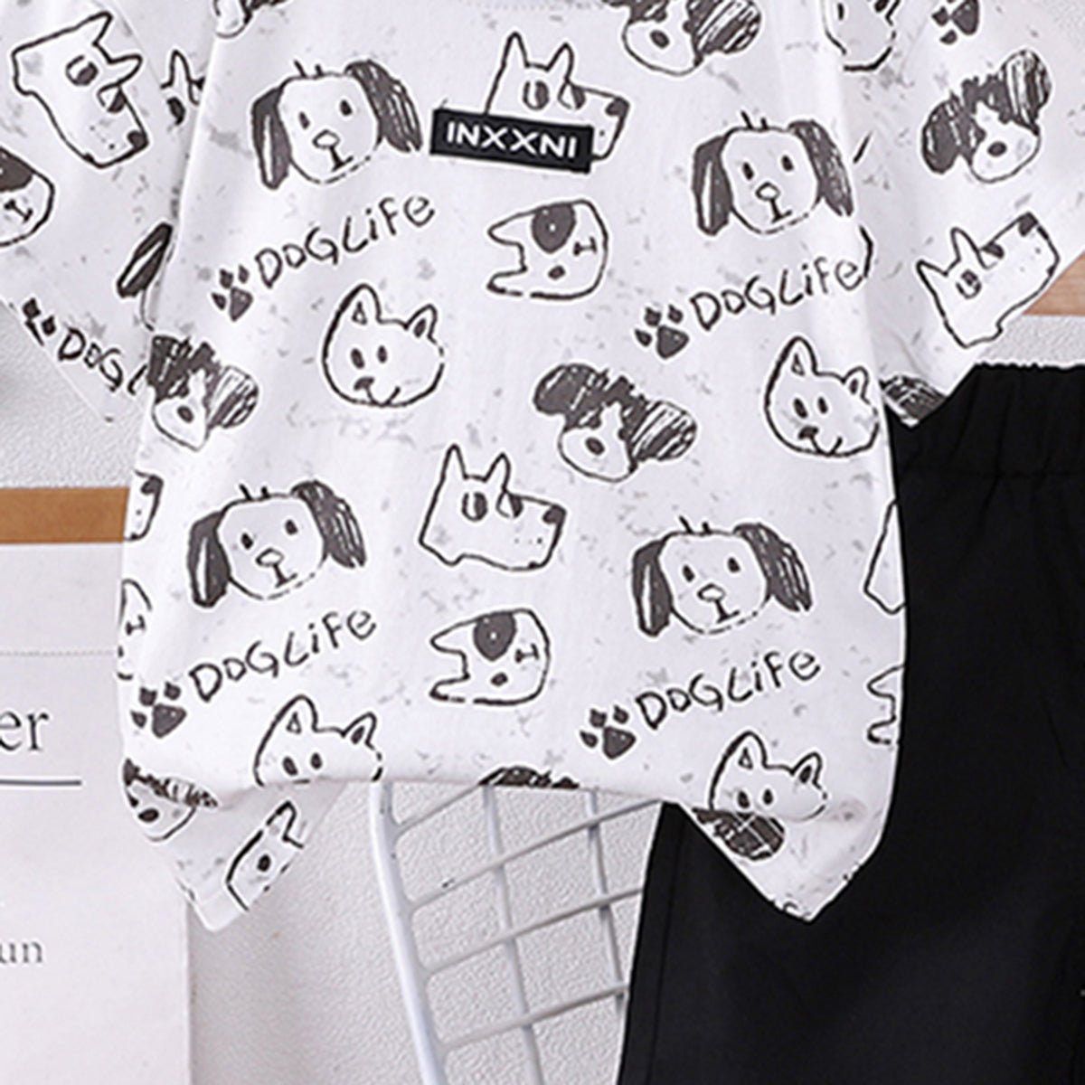 Boys Black Dog Printed Short Sleeves T-shirt With Shorts Set