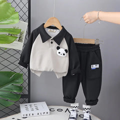 Boys Black 3D Panda Face Applique Polo Sweatshirt With Jogger Sets