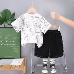 Boys Alphabetic Printed T-Shirt With Black Cargo Shorts Set