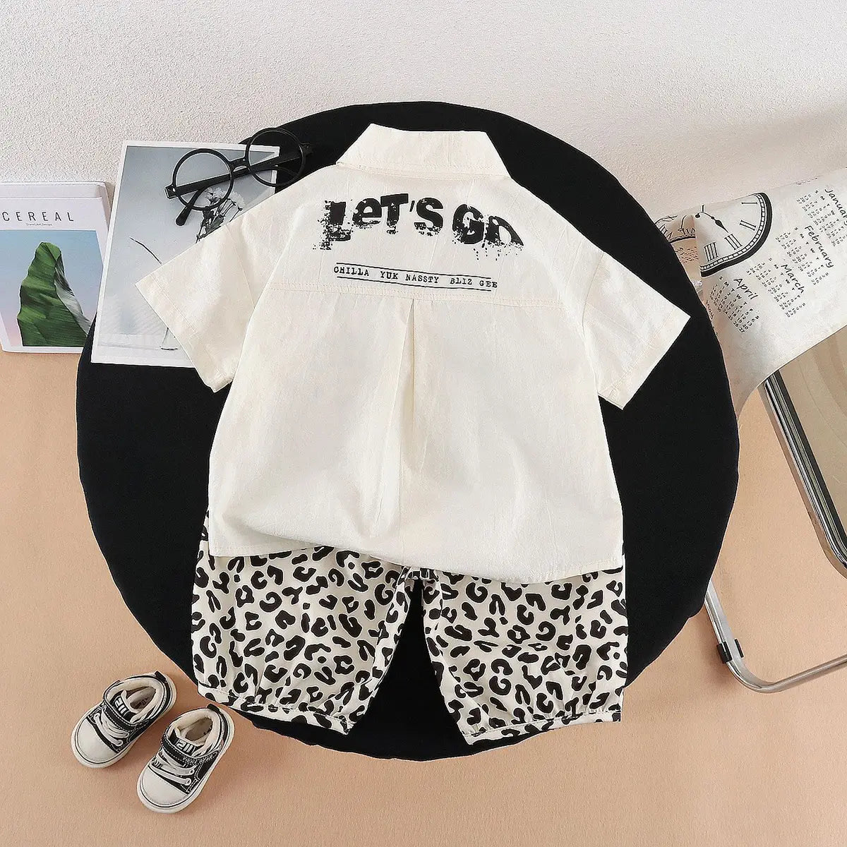 Boys Beige Animal Print Shirt with Elasticated Shorts Sets