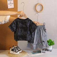 Boys Black Graphics & Tie-dye Printed T-Shirt With Cargo Shorts Sets
