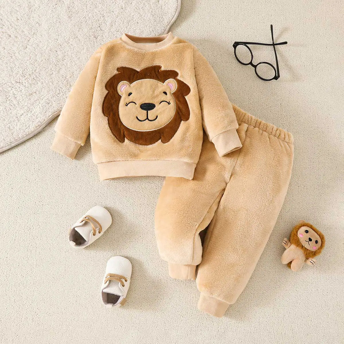Boys Beige Lion Embroidered Sweatshirt With Jogger Co-ord Set