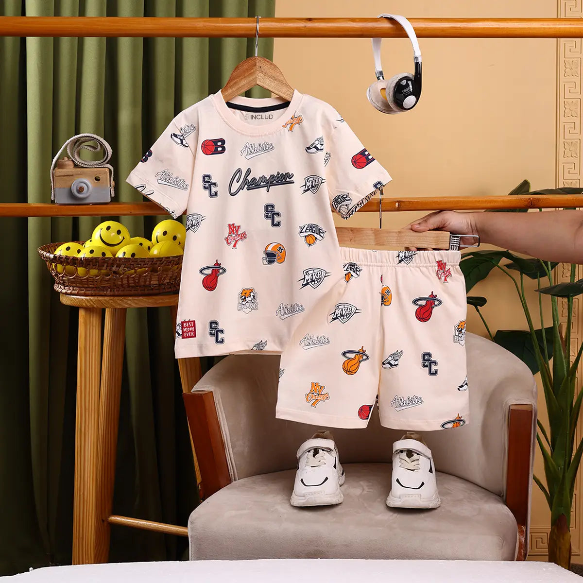 Boys Apricot AOP Graphics Short Sleeve T-Shirt With Elasticated Shorts Sets