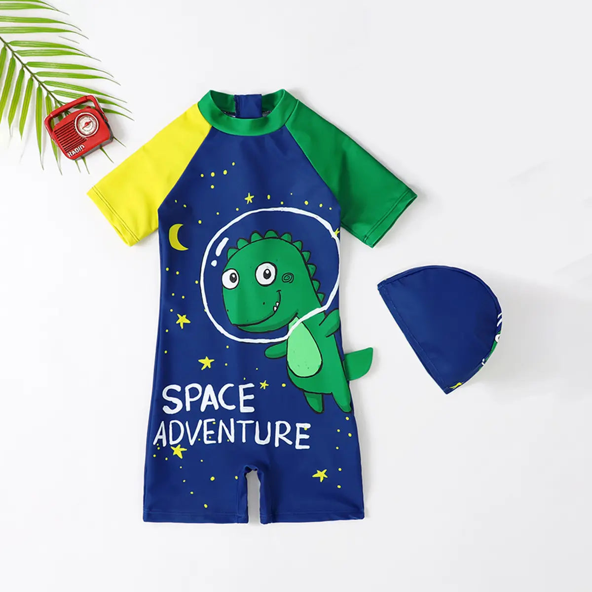 Boys Blue Graphics Swimwear Bodysuit With Swim Cap