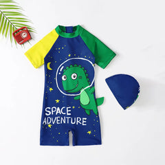 Boys Blue Graphics Swimwear Bodysuit With Swim Cap