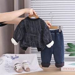 Boys Black Abstract Printed Sweatshirt With Denim Pants Set
